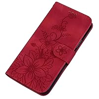 XYX Wallet Case for iPhone 13, Lily Flower Pattern Folio Cover Stand Credit Card Slots Magnetic Shockproof Case for iPhone 13 6.1 Inch, Red