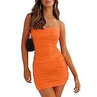 HOCILLE Women's Sexy Halter Bodycon Backless Ruched Spaghetti Strap Mini Club Party Dresses