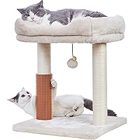 Cat Tree 4 in 1 Cat Scratching Post Featuring with Cat Self Groomer Wide Large Top Perch Natural Scratching Post and Danging Ball for Indoor Cats-Beige