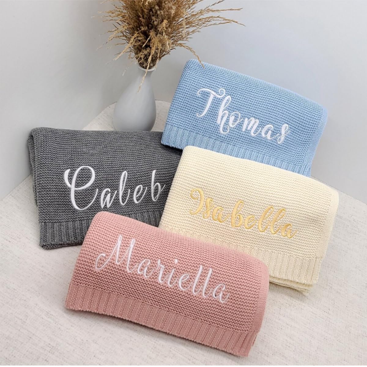 Personalized Knit Baby Name Blanket | Embroidery Gift for Baby Shower | Stroller Blanket | Monogrammed Newborn Baby Gift | Soft Cotton Knit (Embroidered Name)