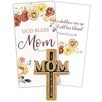Gold Tone God Bless Mom Cross-Shaped Lapel Pin with Prayer Card, Womens Cross Pins, Religious Mother's Day Gifts for Christian Moms, Grandmas, Aunts, and More, 1 Inch