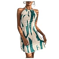 MakeMeChic Women's Halter Dress Graphic Print Tie Back Pleated Sleeveless Backless Short Dress