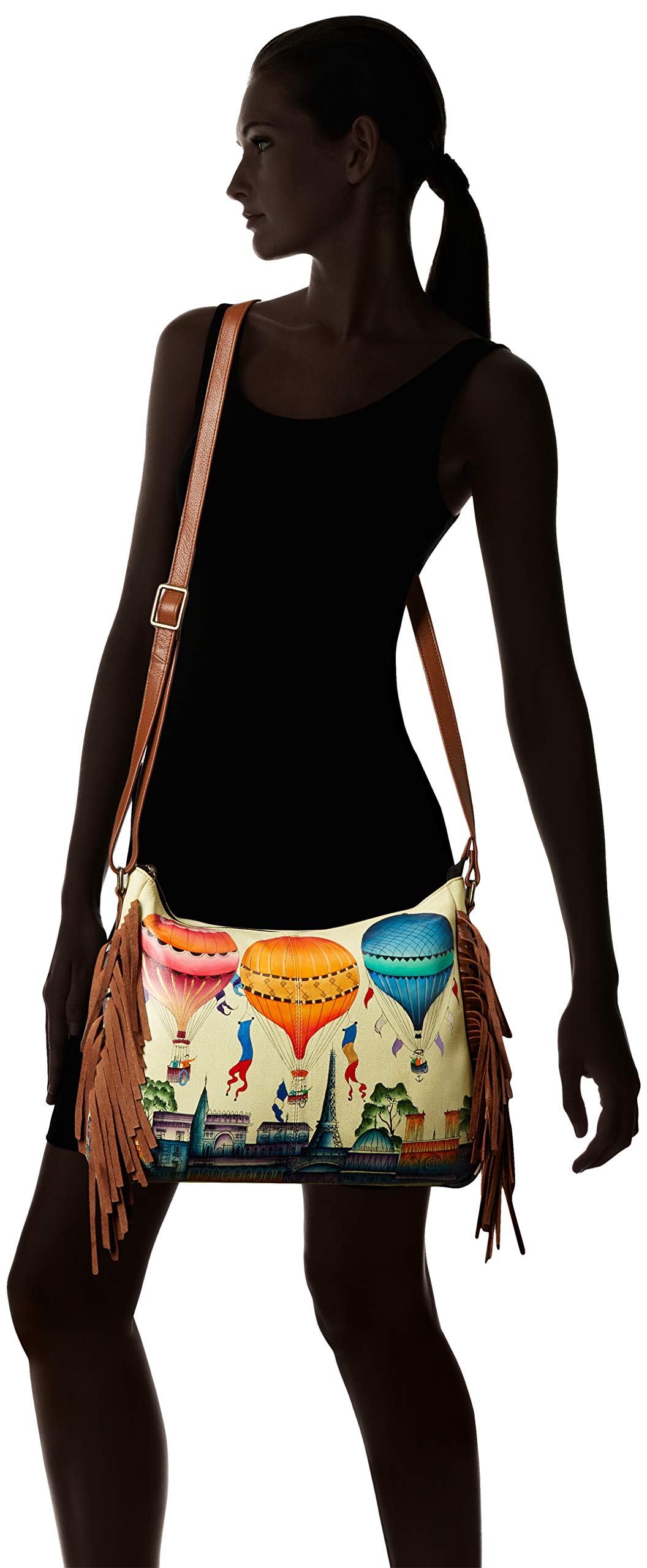 Anna by Anuschka Women's Handpainted Women's Large Genuine Leather Fringed Hobo - with Zippered Pockets and Adjustable Strap