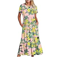 Travel Outfits Dresses for Women 2024 Summer Beach Dress Flowy Casual Maxi Sundresses Ruffle Party Dress with Pocket
