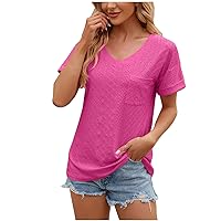 2024 Women's Eyelet Top Summer Breathable V Neck Short Sleeve Shirts Dressy Casual Loose Fit Basic Tees with Pocket