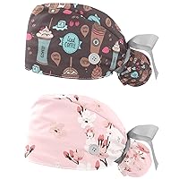 2 Packs Scrub Cap Women with Buttons, Adjustable Elastic Tie Back Skull Hats, USA Map Bouffant Surgical Cap