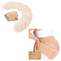 Organic Nursing Breast Pads and Maternity Belly Band for Pregnancy - 14 Washable Pads + Wash Bag - Soft & Breathable Pregnancy Belly Support Belt - Breastfeeding Nipple Pads