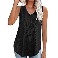 Flowy Tank Tops for Women Eyelet Embroidery Loose Fit Shirt Side Split V Neck Sleeveless Casual Summer Tank Tops