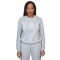 Alfred Dunner Women's Spliced Diamond Embroidery Pull On Crew Neck Top Size XL Grey
