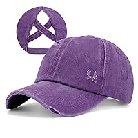 Criss Cross Ponytail Hat Women Washed Distressed Baseball Caps Adjustable High Messy Bun Ponycap