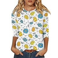 Womens Work Tops Bunny Eggs Graphic 3/4 Sleeve Stretch Easter Day Kawaii Plus Size Crewneck Fashion Ladies Tops and Blouses