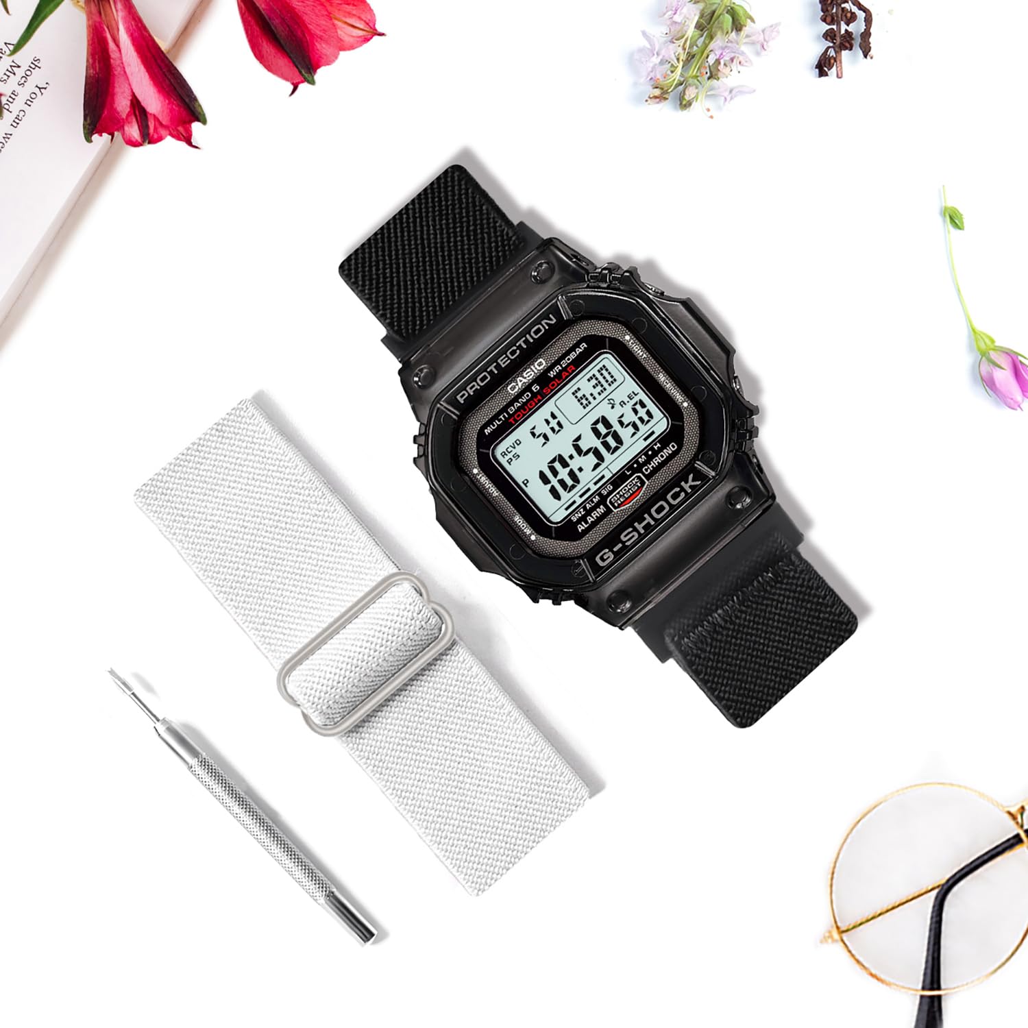 Sunnyson 2 Stück dehnbare Nylon-Uhrenarmbänder, kompatibel mit Casio G-Shock DW-5600/8900/GWM5610, elastische, weiche, verstellbare Ersatzbänder für Casio Watch