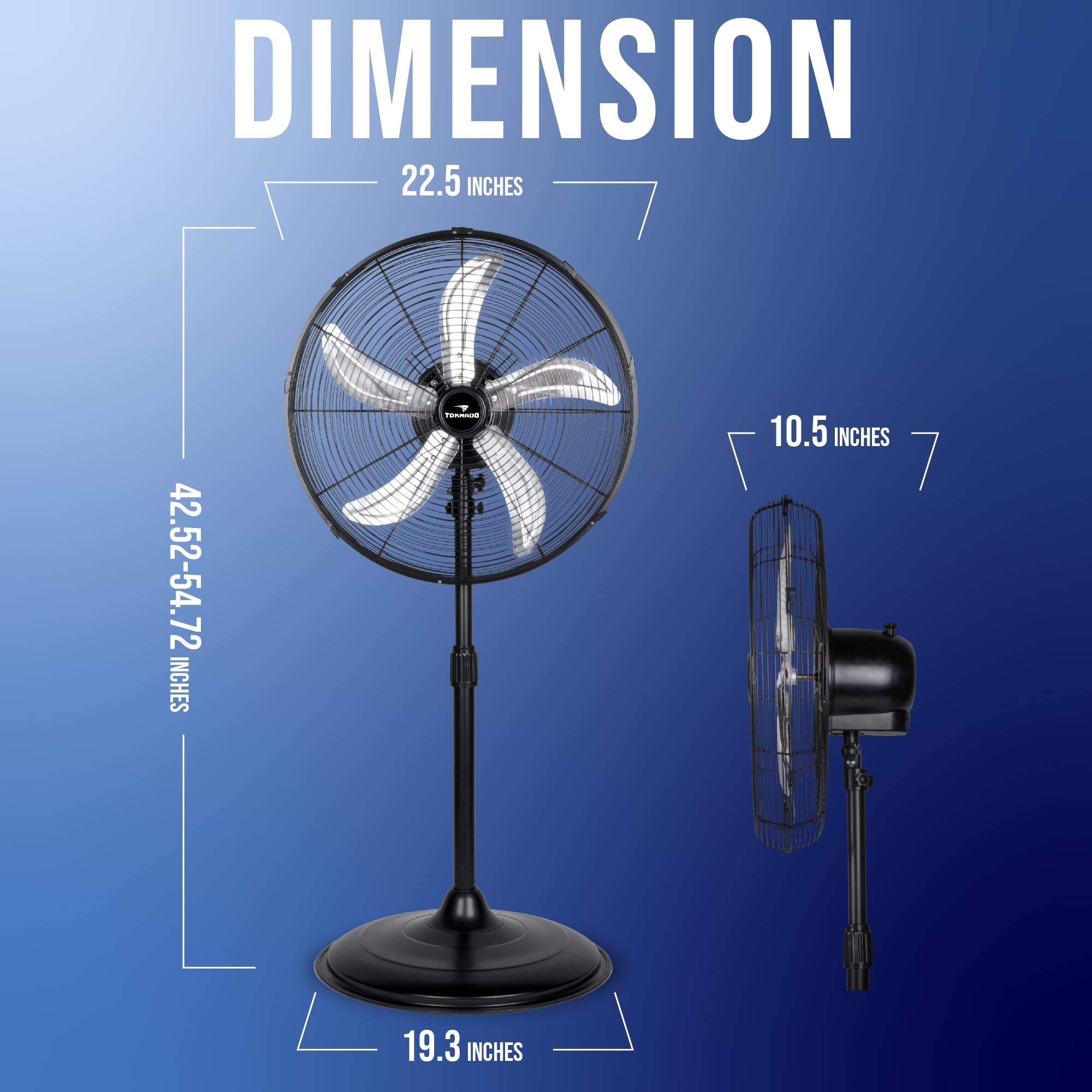 Tornado - 20 Inch High Velocity Metal Oscillating Pedestal Fan - Commercial, Industrial Use - 3 Speed - 5000 CFM – 1/6 HP – 6.6 FT Cord - UL Safety Listed