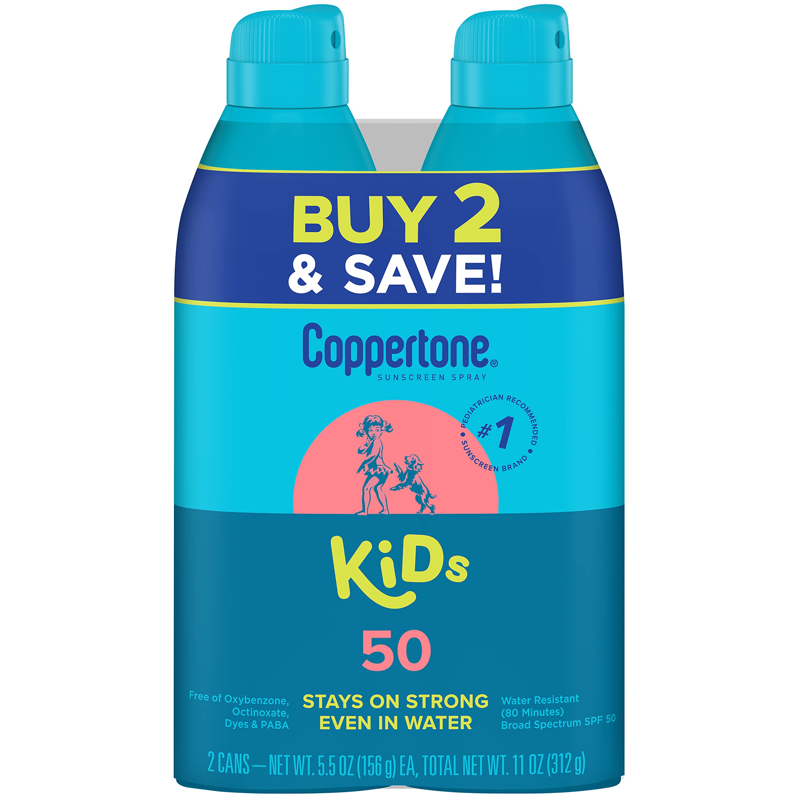 Coppertone Kids Sunscreen Spray SPF 50, Water Resistant Spray Sunscreen for Kids, #1 Pediatrician Recommended Sunscreen Brand, Broad Spectrum SPF 50 Sunscreen Pack, 5.5 Ounce (Pack of 2)
