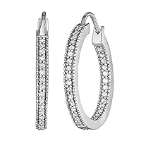 1/2 Carat Total Weight (CTTW) Natural Diamond Hoop Earrings in Rhodium Plated Sterling Silver with Milgrain Finish - Hoops for Women/Girls