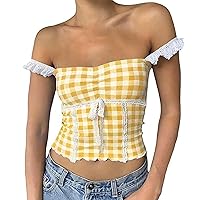 Women Lace Trim Crop Tank Top Plaid Print Square Neck Camisole Y2k Low Cut Cami Top Going Out Crop Vest