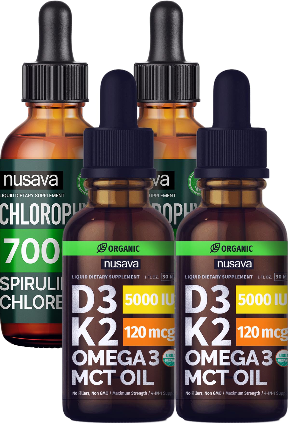 NUSAVA Unflavored D3 K2 Drops and Chlorophyll Liquid Drops Bundle - Potent Liquid Vitamins for Heart, Joint, Energy, & Immune Support - Non-GMO, Gluten-Free, 2pk Each