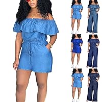 Plus Size Jumpsuits for Women Sexy Off Shoulder Jumpsuits Elasit Waisted Wide Leg Pants Rompers Summer Denim Overalls