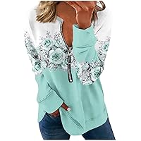 Sweatshirt for women Pullover Basic Quarter Zipper Long Sleeve Print Flowers Hoodie Casual Top