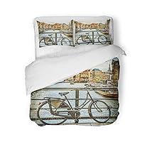 Duvet Cover Set Twin Size Travel Traditional Holland Canals and Bikes Vintage Old Paint 3 Piece Microfiber Fabric Decor Bedding Sets for Bedroom