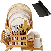 Bamboo Dish Drying Rack with Utensil Holder, 3 Tier Collapsible Dish Rack, Wooden Dish Racks for Kitchen Counter, Large Folding Drying Holder with Absorbent Dish Drying Mat