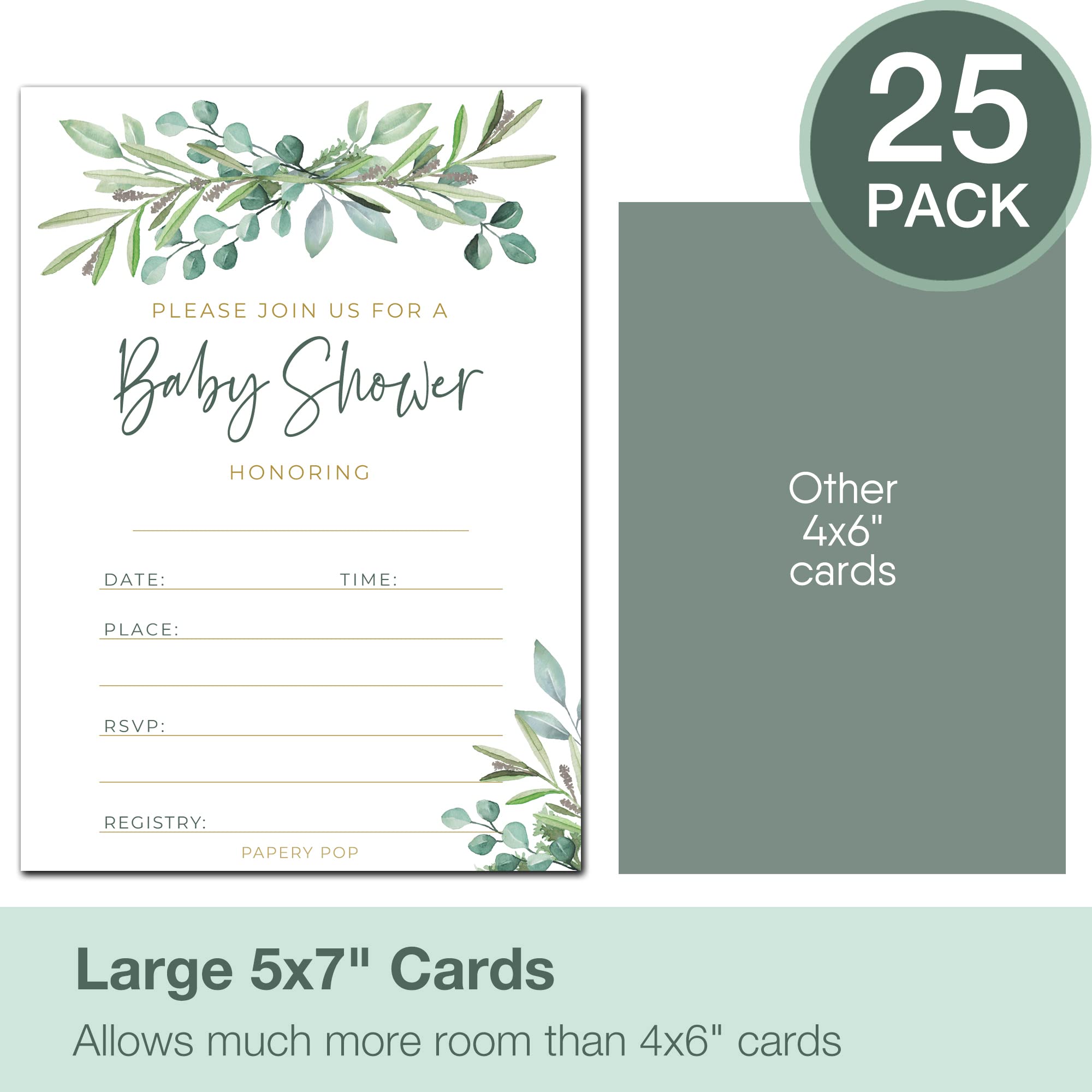 Set of 25 Baby Shower Invitations with Envelopes, Diaper Raffle Tickets and Baby Shower Book Request Cards - Eucalyptus