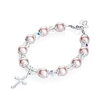 Delicate Sterling Silver Cross Charm Baby Bracelet - with Pink European Simulated Pearls, Crystals and Silver Spacer Beads - Best Baptism and Christening Gift for Girls and Boys (BBCCR-P)