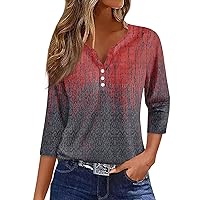 Womens Summer Tops, Casual V Neck 3/4 Length Button Down Shirts Loose Fit Basic Dressy Trendy Going Out Tees