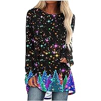 Womens Christmas Tunics Top to Wear with Leggings Shirts Xmas Tree Long Sleeve Graphic T Shirts Pullover Blouses Tees