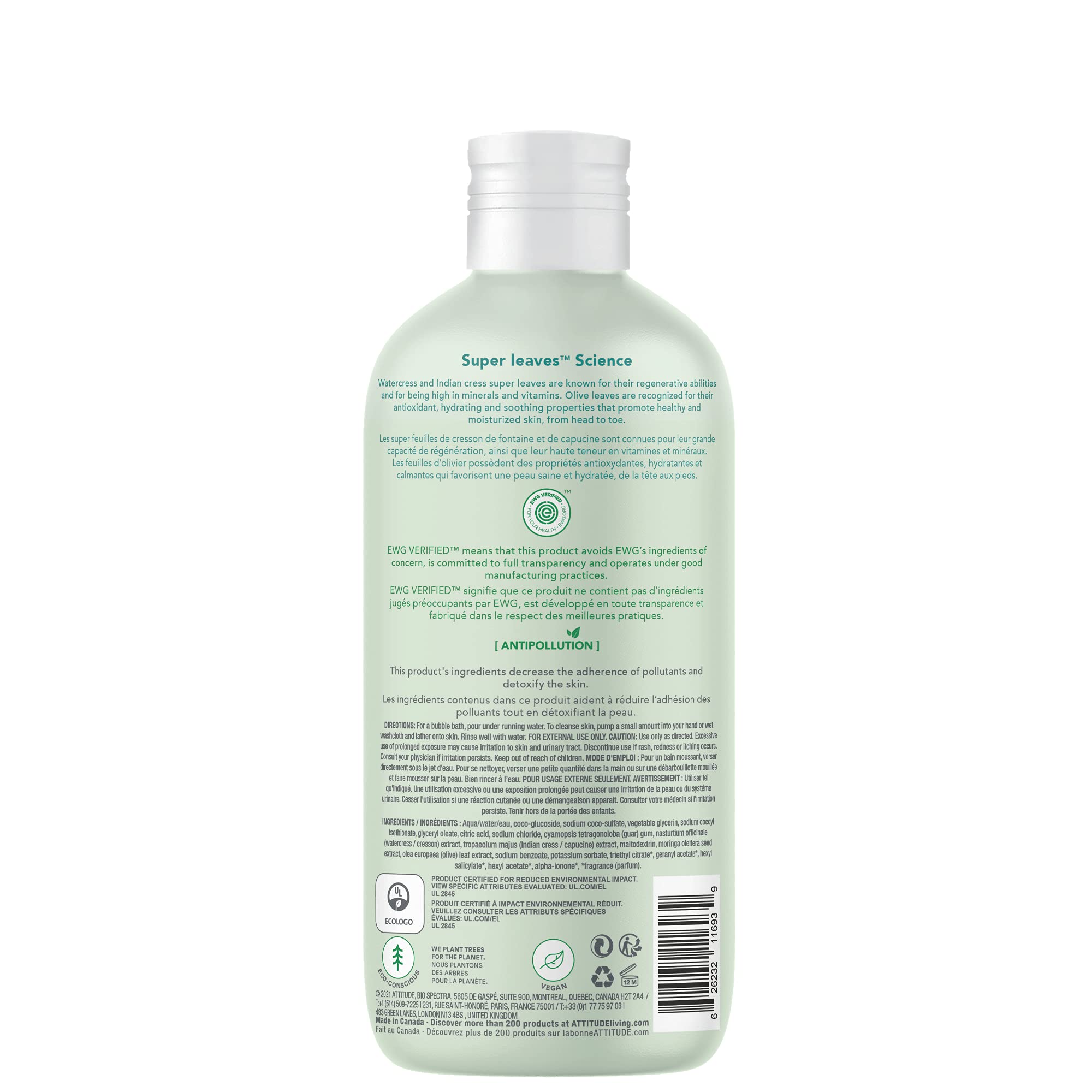 ATTITUDE Bubble Bath, EWG Verified, Plant and Mineral-Based Ingredients, Dermatologically Tested, Vegan and Cruelty-Free Body Care Products, Olive Leaves, 16 Fl Oz