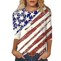 Women's American Flag Shirts Fashion Casual 3/4 Sleeve Independence Day Print Round Neck Pullover 4th of July Top Blouse