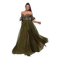 Women's Formal Off Shoulder Puffy Sleeve Long Ball Gown, A-line Sequin Lace-up Split Thigh Evening Dress