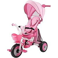 Baby Tricycle, 4-in-1 Folding Toddler Tricycle with Adjustable Parent Handle, Removable Canopy, Rotatable Seat, Safety Harness & Storage, Kids Trike for 18 Months - 5 Year Old, Pink