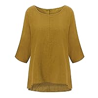 Andongnywell Women's Solid Color Blouse Summer Tops Loose Round Neck 3/4 Bell Sleeve T-Shirt Tunics