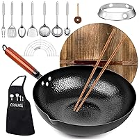 kaqinu Carbon Steel Wok Pan, 14 Piece Woks & Stir-Fry Pans Set with Wooden Lid Cookwares, No Chemical Coated Flat Bottom Chinese Pan for Induction, Electric, Gas, Halogen All Stoves - 12.6''