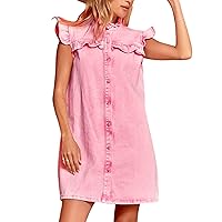 Esmeling Womens Short Flutter Sleeve Denim Shirt Dress Mini Cowgirl Jean Babydoll Dress