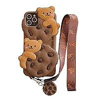 SGVAHY Case for iPhone 13 Case Cute with Lanyard Keychain Kawaii Phone Cases 3D Cartoon Bear Cookie iPhone Case Soft Silicone Shockproof Protective Case for Women Girls Ladies Khaki