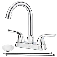 Two Handles Centerset Bathroom Faucet For Sink High Arc Stainless Steel With Deck Plate & Pop-Up Drain Assembly Fit 3 Hole Installation, Chrome (SK18001C)