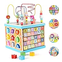 Qilay Wooden Activity Cube for Toddlers 1-3 (Large), 5 in 1 Multipurpose ABC-123 Abacus Bead Maze Shape Sorter | Early Educational Toy for Toddlers - First Birthday Gifts for Boys Girls