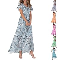 Dresses for Women 2024 Summer Bohemian Graphic Casual Loose V Neck Short Sleeve Elegant Sexy Flowy A-Line Sun Dress