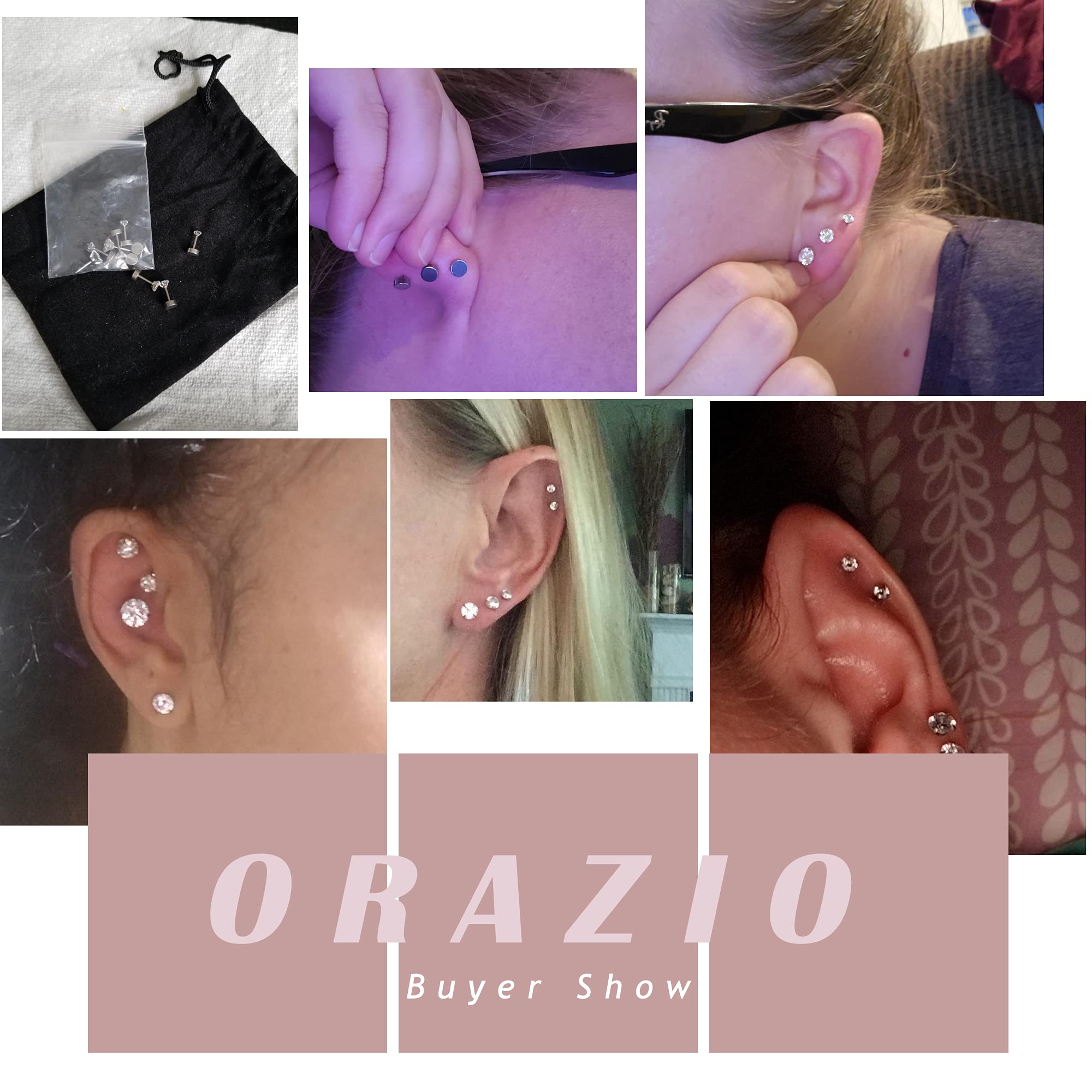 ORAZIO 6-8 Pairs 18G Stainless Steel Ear Stud Piercing Barbell Studs Earrings Round Cubic Zirconia Inlaid Cartilage Earring