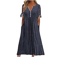 Summer Dresses for Women 2024 Casual V Neck Button Tie Short Sleeve Dress Eyelet Embroidery Pleated Flowy Maxi Dress