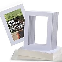 Acid Free 25 Pack 5x7 Pre-Cut Mat Board Show Kit for 4x6 Photos, Prints or Artworks, 25 Core Bevel Cut Matts and 25 Backing Boards and 25 Crystal Plastic Bags, White