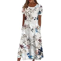 Womens Plus Size Summer Dresses Short Sleeve Spring Wedding Dress O-Neck Baggy Print Pleated Dresses with Pockets