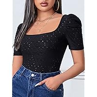T-Shirt for Women Eyelet Embroidery Puff Sleeve Scoop Neck Tee (Color : Black, Size : Medium)