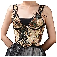 Women Sexy Eyelet Lace-up Floral Print Fishbone Court Vintage Corset Straps Tank Top Y2K Bustiers Camisole Shapewear