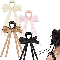 4 Pack Bow Hair Claw Clips with Long Tail for Women and Girls,Medium Long Tassel Ribbon Hair Claw Clips Bow-knot Hair Claw Clips for Thin Thick Curly Hair,Black White Khaki Pink