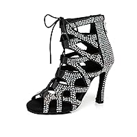 YKXLM Latin Dance Boots Salsa Women Ballroom Lace-up Ankle Open Toe Dance Shoes