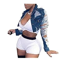 Voghtic Women Sexy Ripped Denim Jackets Lapel Button Down Short Crop Top Jeans Coat