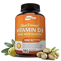 NutriFlair Vitamin D3 5000 IU Softgels - Vitamin D Supplement with Olive Oil - Non-GMO, Advanced Formula, 125 mcg - Trusted Brand Essential Daily Supplement - 180 Pieces